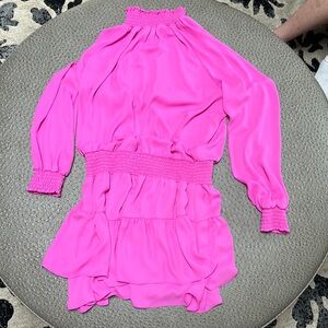 Revolve brand “Krisa” pink ruffle dress.